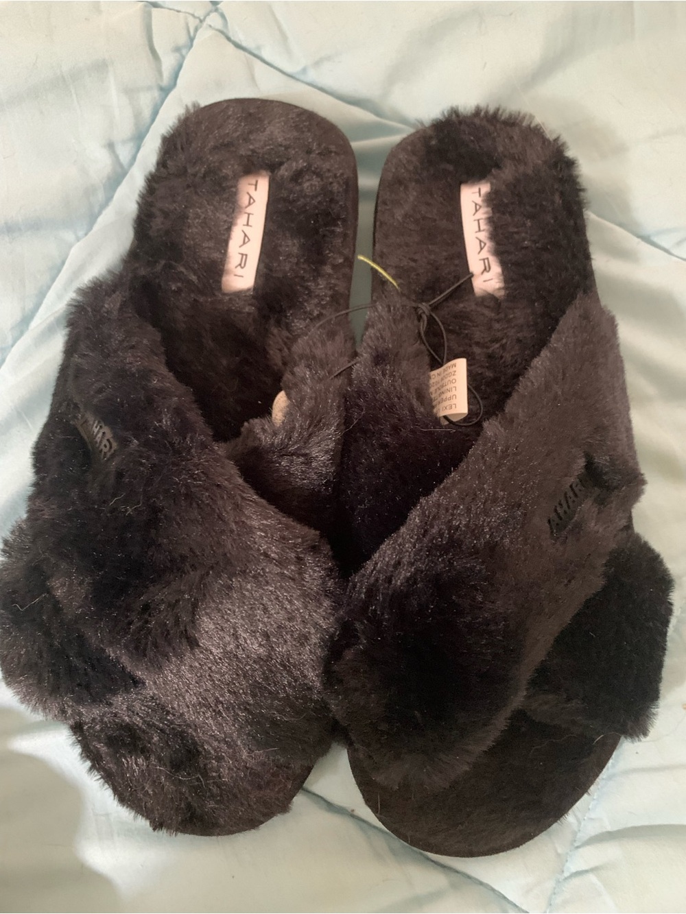 Tahari Black Plush Crisscross Slide Slippers